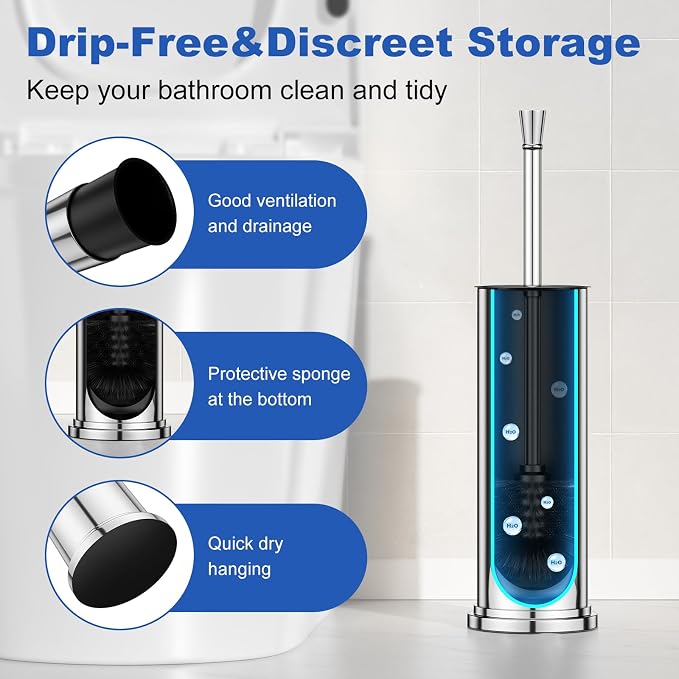Toilet Brush and Holder Set：304 Stainless Steel Heavy Duty Toilet Bowl Brush，Removable Inner Bowl and Splash Protection，Bathroom Toilet Brush-Dense Bristles for Through Cleaning