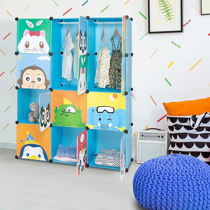 12 Cubes Storage Organizer,Portable Closet Wardrobe,Plastic Clothes Storage Shelves,Modular Bookcase Closet Cabinet,with Doors,for Kitchen, Bedroom, Playroom, Living Room, Office, Dorm (Blue)