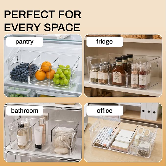 Mpotmiy 6 Pack Pantry Organizers and Storage,Clear Plastic Containers with 2 Dividers for Kitchen,Fridge Organization and Storage,Acrylic Bins for Pounches,Spice Packet,Snack organzier