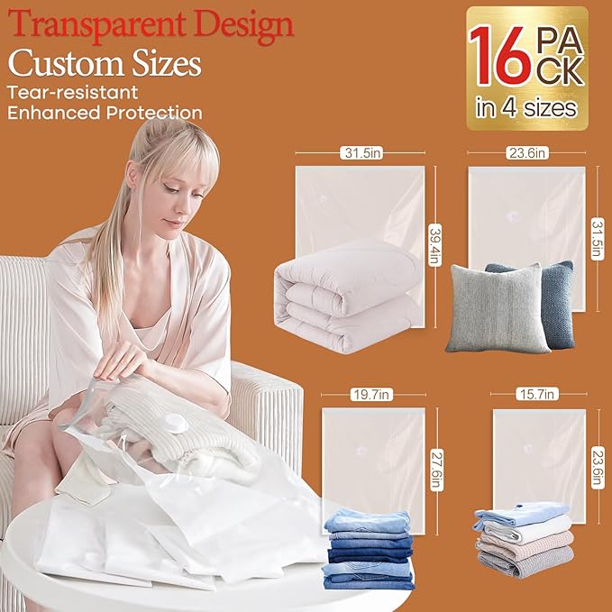 Vacbird Vacuum Seal Bags for Clothing, 16 Pack Vacuum Storage Bags with Rechargeable Cordless Air Pump(4J+4L+4M+4S), Space Saver Bags for Clothes Blanket Duvets Pillows Comforters Travel