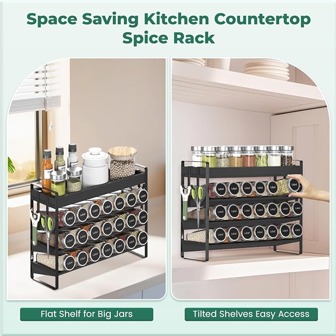 EsLuker.ly Spice Seasoning Rack Organizer Kitchen Countertop, 4 Tier Bamboo Spice Shelf Holder Storage with 4 Hooks, Wall Mounted Freestanding Stand for Pantry, Black (Jars Not Included)
