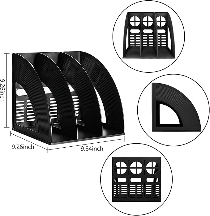 Marte Vanci Magazine File Holder, Binder Holder Book Desktop Organizer Plastic Storage Sturdy Vertical 3 Section Folder Black