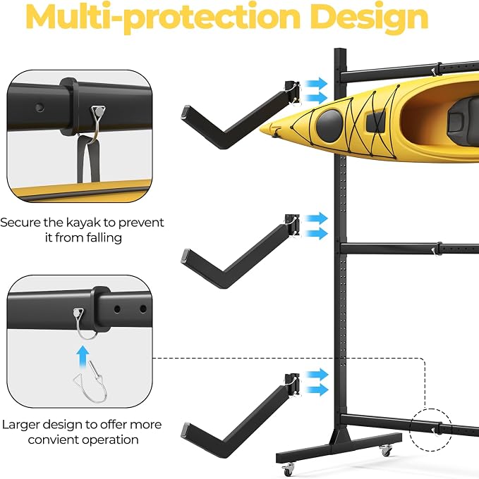 Freestanding Adjustable Kayak Storage Rack, 2 Sides Kayak Bracket, Durable Kayak Rack with Lockable Wheels for Indoor, Outdoor, Garage, Shed, Dock
