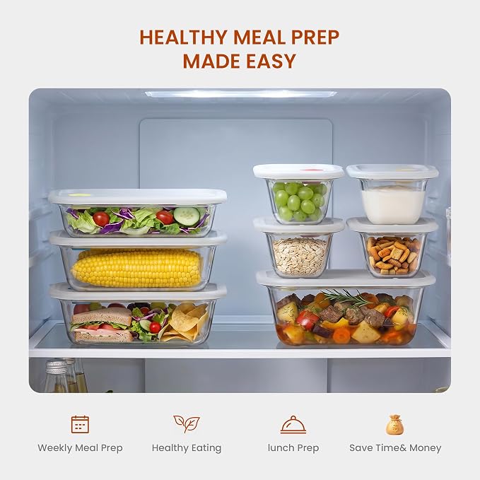 8 Glass Food Storage Containers with Click-Together Lids, Stackable Meal Prep Food Container Set, 4 Sizes Modular Glass Storage for Snacks, Sandwiches, Overnight Oats, Leftovers & Fridge Organization