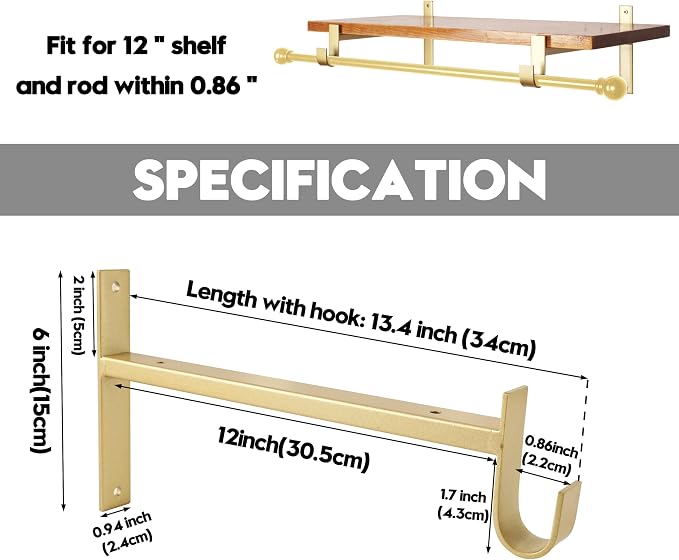 AddGrace Closet Rod Bracket Heavy Duty Shelf Brackets Gold 12 Inch 4 Pack | Fit for Closet Wardrobe Laundry Room and Kitchen, with Hook, Store Above and Hang Below, Supports 66 lbs, Easy to Install