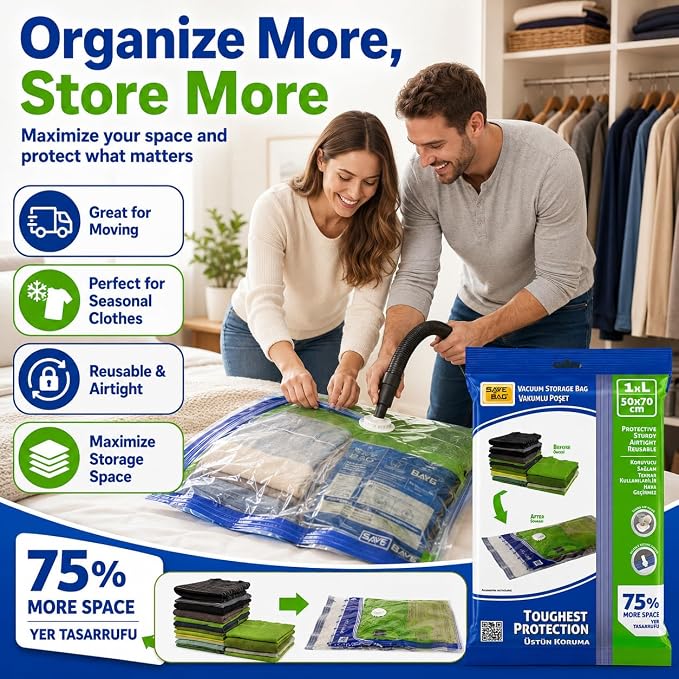 Jumbo Vacuum Storage Bags, Space Saver Sealer Compression Bags for Comforters, Blankets, Pillows, Bedding, Clothes (50cm x 80cm -1Pack Large)