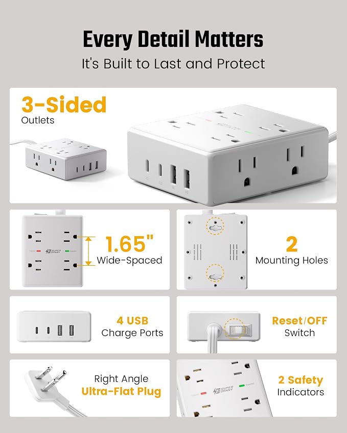 SUPERDANNY Extension Cord,Flat Plug Surge Protector Power Strip,20Ft | 8 AC & 4 USB Ports (2 USB C),Surge Protector with 1050J,Desk Charging Station for Home Office,College Dorm Room Essentials