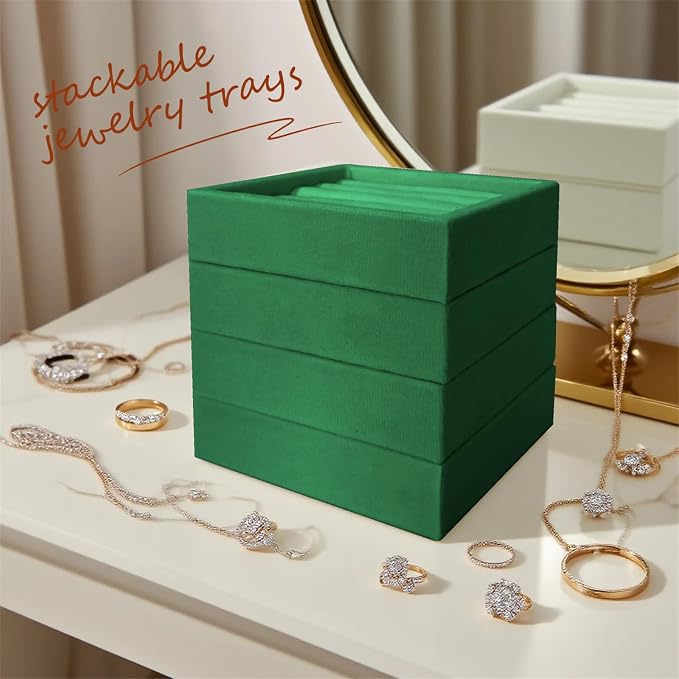 SCIKHETF Velvet Ring Earrings Studs organizer Tray Small Ring Insert Display Tray 5 Slots Stackable (Green)