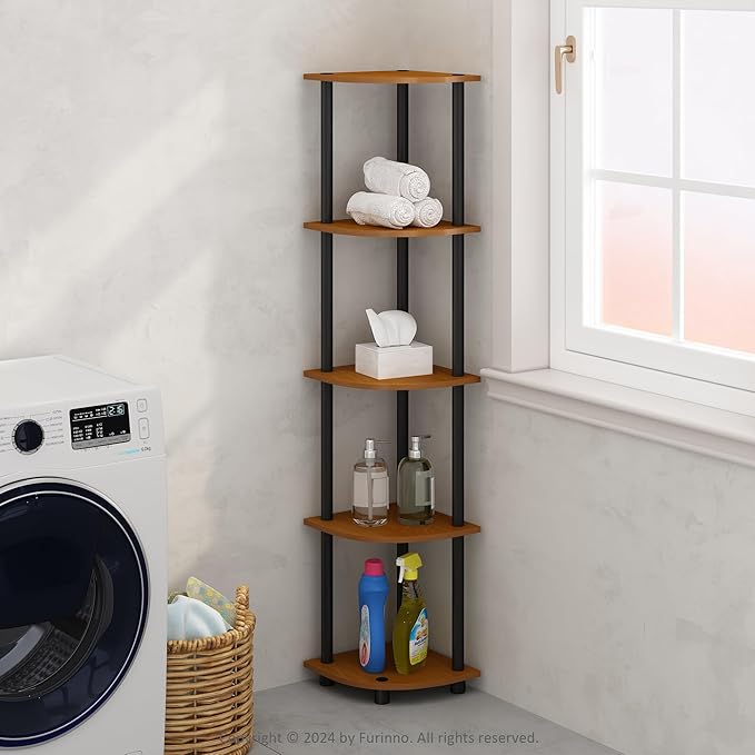 Furinno Turn-N-Tube Storage Shelves, 5-Tier Book Shelf, Corner Shelf, Toolless Open Shelves, for Organization and Storage, Living Room, Home Office, Hallway, Bedroom, Light Cherry