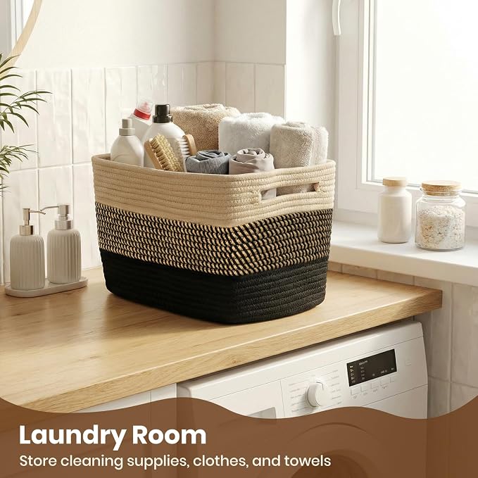 Storage Baskets for Organizing, 14 x 10 x 9” Closet Shelf Woven Baskets, Square Bins with Handles, Cotton Rope Basket for Clothes, Office, Room, Black+Brown 4 Pack