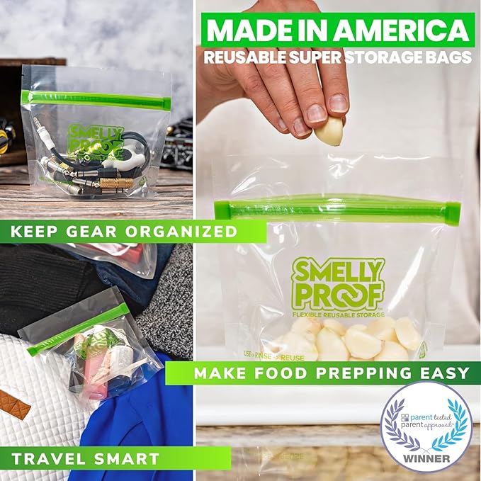 Smelly Proof 50 x Reusable Food Storage Bags, Reusable Snack Bags, Stand-Up Expandable “Stand & Fill”, Dishwasher-Safe, Clear 3-Mil 6” x 4”, US Made, BPA FREE, NO PEVA, 50-pk