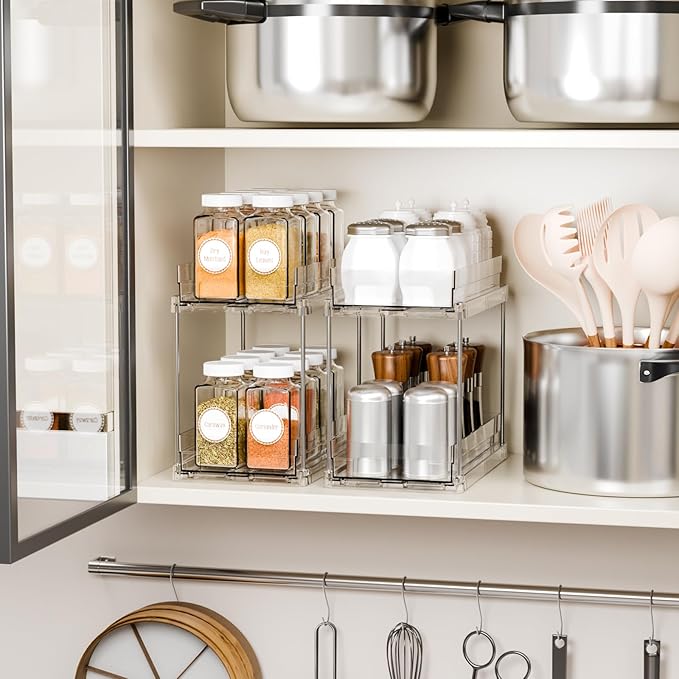 Yieach 4 Set Bathroom Organizers and Storage,2 Tier Clear Under Sink Organizer and Medicine Cabinet Organizer for Kitchen,Pantry Storage,Pull Out Drawers for Skincare,Pill Bottle,Spice Organization