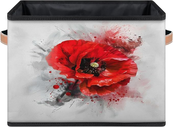 Red Flower Closet Storage Bin, Foldable Storage Baskets for Shelves, Decorative Shelf Organizer Poppy Floral Black Grey Vintage Fabric Cube Bin for Living Room Bedroom Home Dorm