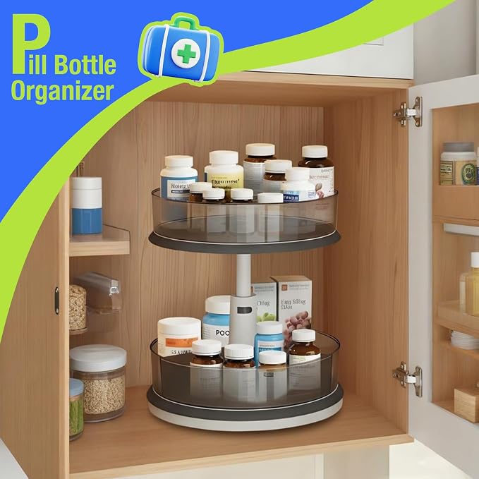 Lazy Susan Organizer for Medicine 2 Tier Pill Bottle Turntable | Clear Grey, 11 Inch, for Vitamin, for Cabinet, for Pantry, with Large Spice Rack
