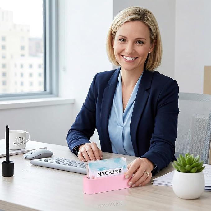 Cement Business Card Holder for Desk, Modern Desktop Business Name Card Display Stands for Women, Concrete Desk Decor, Pink
