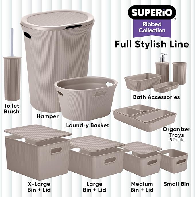 Superio Ribbed Collection - Decorative Plastic Basket Open Home Storage Bins Organizer, Small Taupe (2 Pack) Container Boxes for Organizing Closet Storage Bins for Shelves Drawer Shelf 1.5 Liter
