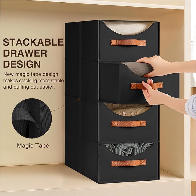 Homsorout Closet Organizers and Storage - Large Stackable Storage Bins with Drawer, Fabric Bins for Organization, Collapsible Storage Drawers Organizer for Bedroom, Living Room, 4 Pack, Black