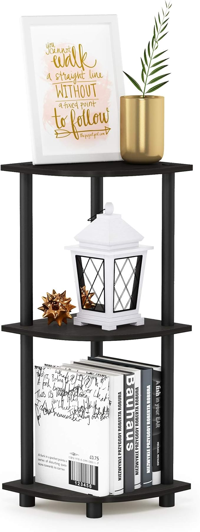 Furinno Turn-N-Tube Toolless Assembly 3-Tier Corner Shelf, Corner Book Shelf, Open Shelves Bookshelf, for Organization and Storage, Living Room, Home Office, Bedroom, Black Espresso