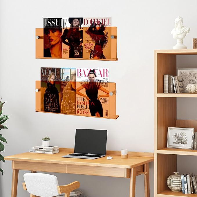 2-Pack Orange Acrylic Magazine Holder Brochure Holder,17 Inch Hanging Magazine Rack with Hardware, Floating Bookshelf Brochure Display Organizer for Home, Office, Reception Area