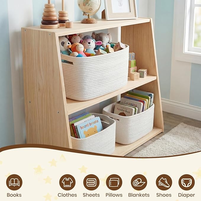 Storage Baskets for Organizing, 14 x 10 x 9” Closet Shelf Woven Baskets, Square Bins with Handles, Cotton Rope Basket for Clothes, Office, Room, White 4 Pack