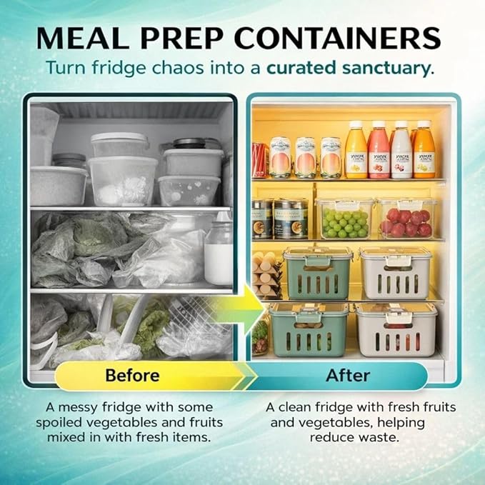 Fruit Containers for Fridge Keep Fresh, 5-Pack Food Storage Containers with Lids, Meal Prep Containers, Fridge Storage with Removable Colander, Microwave & Dishwasher Safe (Cream)