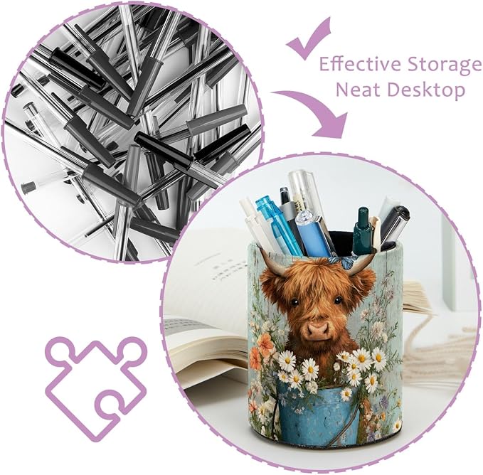 Faux Leather Pen Holder for Desk, Pencil Organizer Highland Cow and Bucket Pen Cup Desk Decor Makeup Brush Holder Storage for Office Home