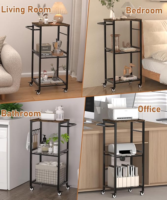Kitchen Microwave Stand Cart with Storage Rack, 3-Tier Rolling Kitchen Side Table on Wheels with 8 Hooks, Utility Small Coffee Shelf Organizer for Living Room, Bedroom, Bathroom, Office, Black