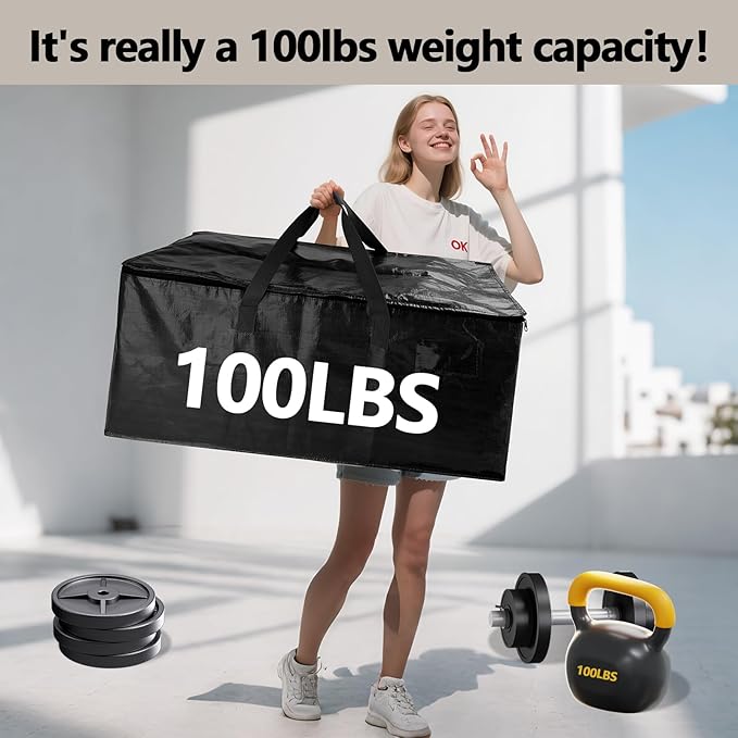 6 Pack Waterproof Moving Bags with Strong Zippers and Reinforced Handles, Real 100lb Capacity Extra Heavy Duty Large Storage Totes for Packing & Moving Storing, Alternative to Moving Boxes -95L,Black