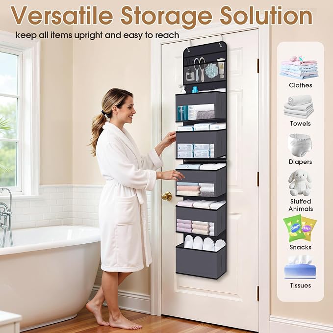 WISELIFE 6-Tier Over The Door Organizer Storage Detachable Design Door Hanging Storage Organizer with Clear Window Behind The Door Storage for Nursery Bedroom Bathroom Pantry Closet Dark Grey