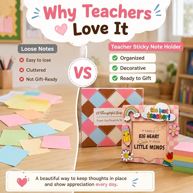 Sticky Note Holder for Desk, Teacher Sticky Note Holder, Teacher Desk Must Haves, 5 x 5 Wooden Organizer, Fits 3 x 3 Notes, Back to School Gift