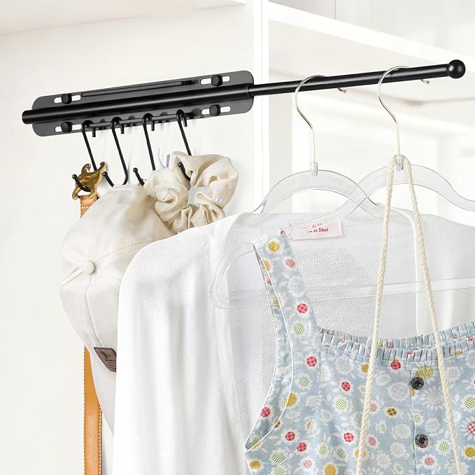 SUTINE 12 inch Valet Rod for Closet Pull Out, Heavy Duty Closet Valet Rods Slide Out, Adjustable Pull Out Closet Rods for Hanging Clothes with 4 Hooks Closet Organizers and Storage (Black)