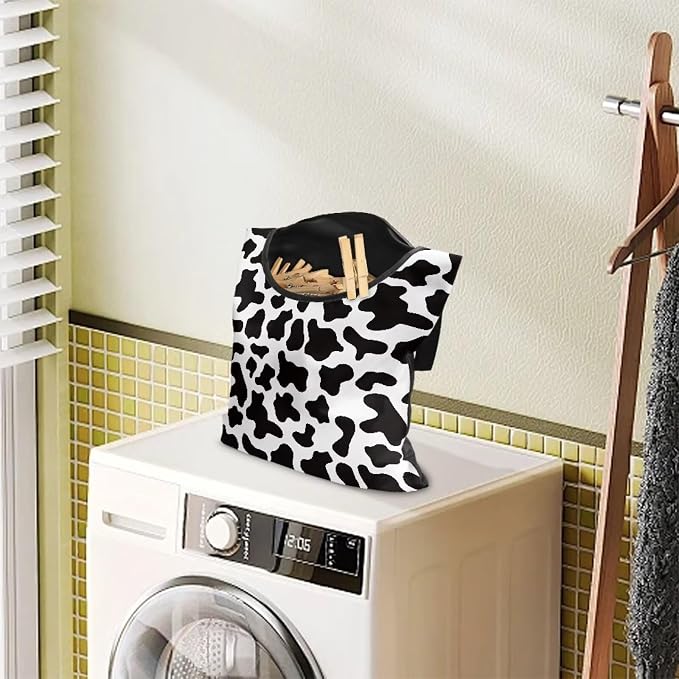 Milk Cow Print Clothespin Bag with Hanging Hook Summer Laundry Clothes Pin Holder Waterproof Clothes Pin Hanging Bag Clothespin Storage Organizer with Large Opening
