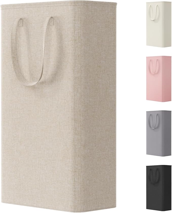 Lifewit Slim Laundry Hamper, Narrow Small Laundry Basket with Handle for Dirty Clothes, Collapsible Tall Thin Laundry Bin for Bathroom Bedroom Dorm College, 65L, Beige
