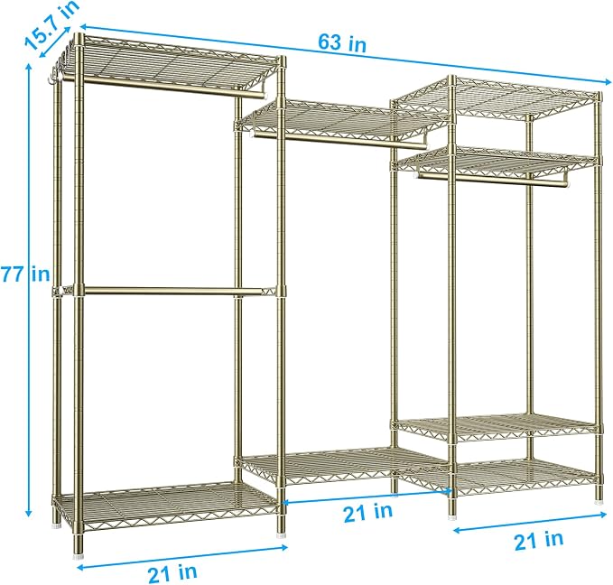 Ulif E13 Heavy Duty Clothes Rack（With 4 Hanger Rods & 8 Shelves） Freestanding Clothing Racks for Hanging Clothes，Adjustable Closet Organizer，Metal Garment Rack 63" W x16 D x77 H，Max Load 900LBS，Gold