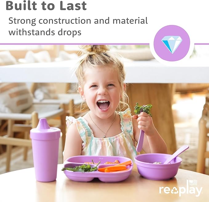 Re-Play Toddler Plates with Dividers & Silicone Lid - Deep-Walled 3 Compartments Divided Plates for Kids - Dishwasher/Microwave Safe - Made in USA - Set of 4-7.37" x 7.37" x 1.25" - Desert Sands