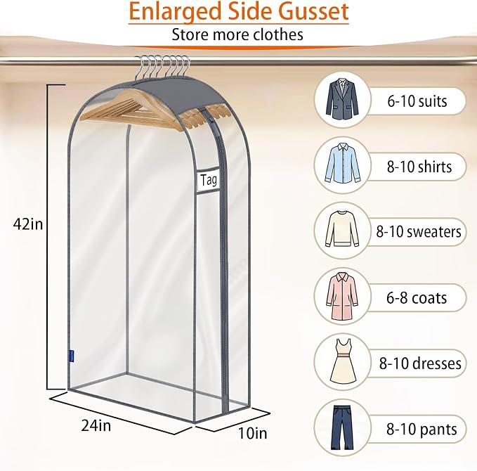 Clear Garment Bags for Hanging Clothes 10" Side Gusset, Suit Bags for Closet Storage, Suit Cover for Shirts Coats Dresses (24"X42"X10" 3Pack)