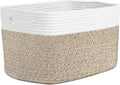 Storage Baskets for Organizing, 14 x 10 x 9” Closet Shelf Woven Baskets, Square Bins with Handles, Cotton Rope Basket for Clothes, Office, Room, White+Rice Brown 1 Pack