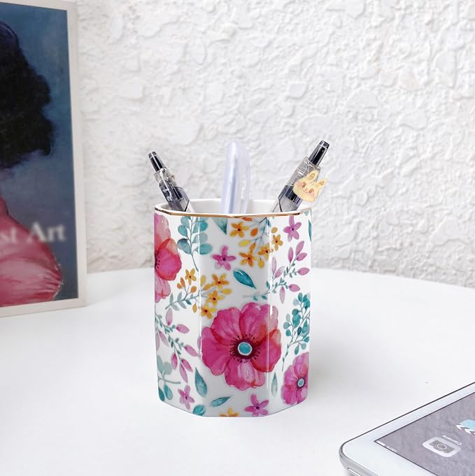 Pen Holder, Makeup Brush Holder Ceramic Shiny Gold Spring Floral Pattern Pencil Cup for Girls Kids Women Durable Stand Desk Organizer Storage Gift for Office, Classroom, Home (Purple Red)