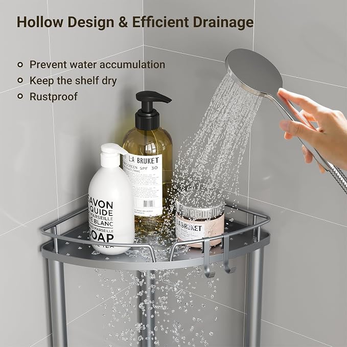 ELYKEN Corner Shower Caddy Standing, 4 Tier Rustproof Metal Shower Organizer with Soap Holder, Floor Shower Corner Shelf Rack Storage Stands with Adjustable Feet & 2 Hooks for Bathroom, Silver