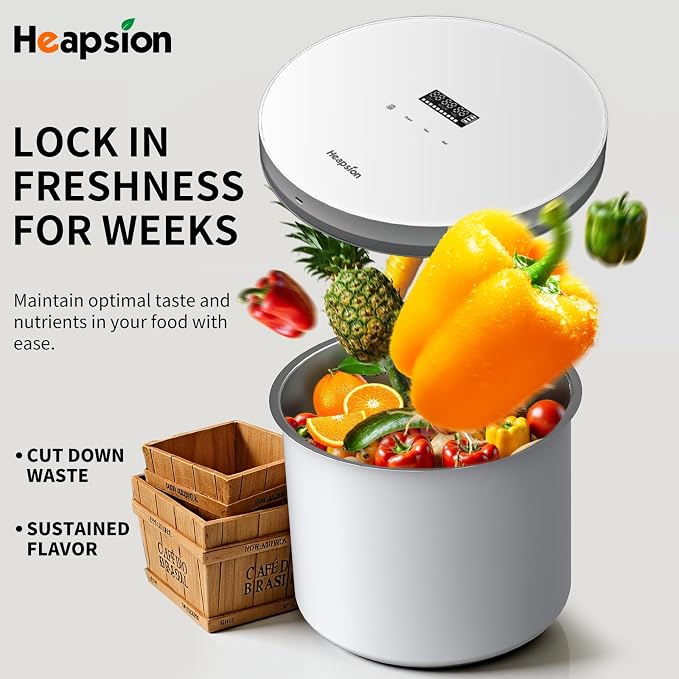 Heapsion Vacuum Food Storage Container, Rice, Pet Food Storage Container, Stainless Steel, Airtight, Automatic Vacuum Storage Container, Long-Term Storage, Keeps Fresh, Insect-proof, White, 10L//22LB
