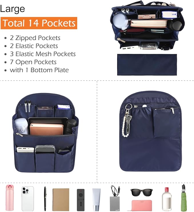 Surblue Backpack Organizer Insert Liner Hanging Travel Rucksack Purse and Handbag Insert Pocket, High-capacity Divider Foldable Nylon Shoulder Bag Organizer for Men and Women, (Navy, L)