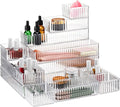Teenyyou 18 Pcs Drawer Organizer Stackable 4 Size Makeup Drawer Organizer Trays Acrylic Bathroom Vanity Storage Bins for Cosmetic, Jewelries, Office Supply, Kitchen Utensils(Clear,Stripes)