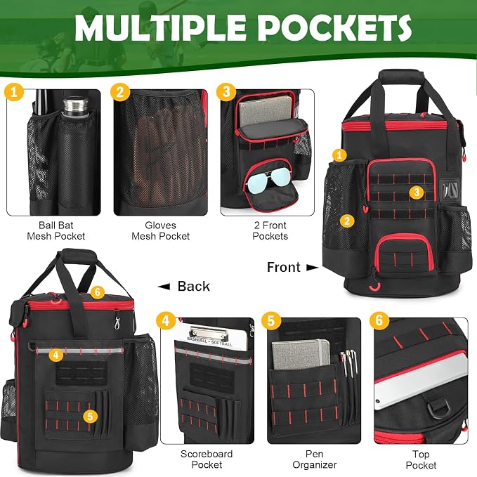 Baseball Bucket Bag, Softball Coaches Bags Fit 6 Gallon Buket | Baseball Coaching Accessories Organizer with Anti-Slip Bottom & Multiple Pockets for Bat, Gloves, Scoreboards