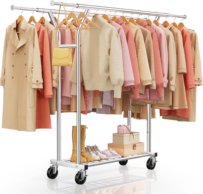 Heavy Duty Rolling Garment Rack, Double Rod Clothing Organizer, Silver | Supports up to 500 lbs, extendable double hanging rod, lockable wheels, storage shelves for bedroom, laundry, and living room