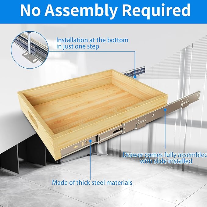 2 Set Pull Out Cabinet Organizer, Soft Close Slide Out Wood Drawer Storage Shelves for Kitchen, Base Cabinet Organization for Pantry, Finished, Heavy-Duty, Bottom Assembly (30” W x 21” D)