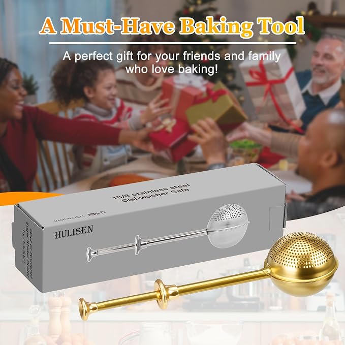 HULISEN Flour Duster, 304 Stainless Steel Flour Sifter for Baking, Gold | Spring-Press Handle, Dishwasher Safe, For Flour, Powdered Sugar, Fine Spices, Pick Up and Dust Flour Sifter, Gift Package