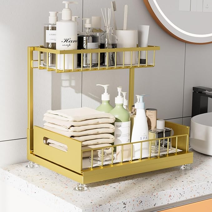 Saydear Under Sink Organizer Storage 2-Tier Premium Metal Pull-Out Kitchen Cabinet Organizer with Sliding Drawer, Height Adjustable, Heavy Duty for Kitchen & Bathroom Organizers 1 Pack Gold