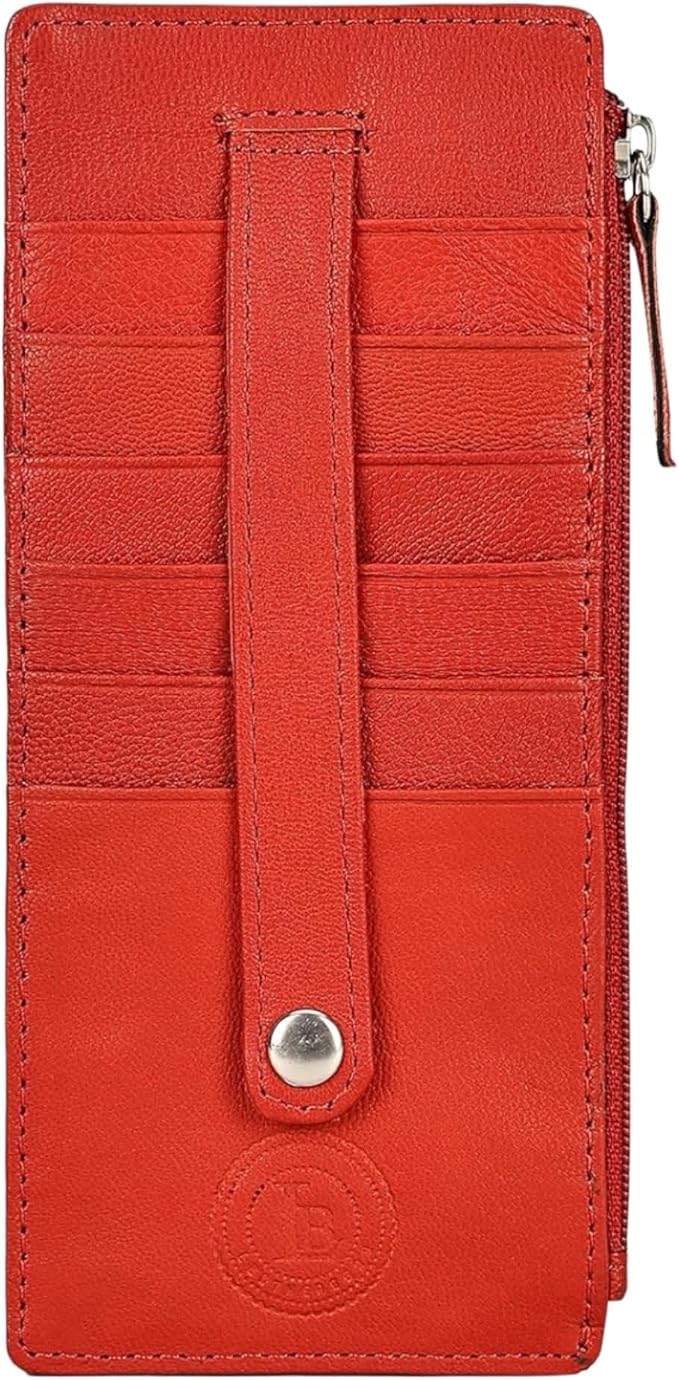 Leatherboss Genuine Leather Women's All in One Credit Business Card Case Holder Slim Zipper Wallet With a Card Protection Strap, Red