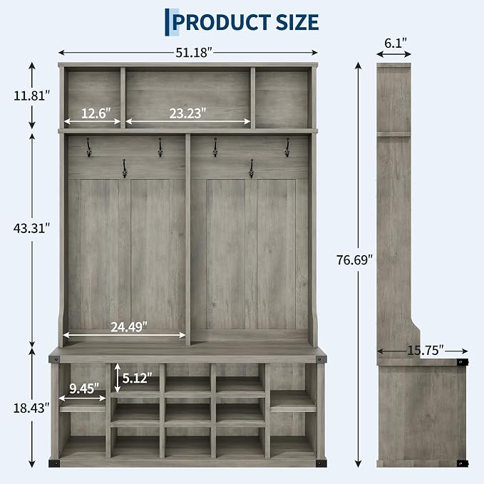 Garvee Farmhouse Entryway Hall Tree with Bench, Shoe Storage & Coat Rack | Large 5-in-1 Mudroom Storage w/ 6 Tri-Hooks & Seating, 13 Cubbies & Adjustable Shelf, Metal Corner Protctor, Rustic Gray