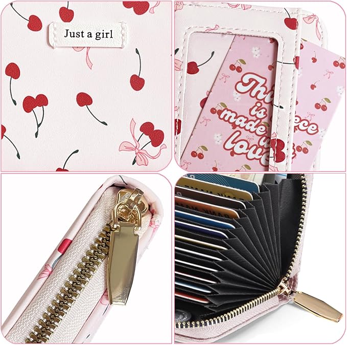 Sunwel Fashion Credit Card Holder for Women Small Accordion Card Cases with ID Window (RED CHERRY)